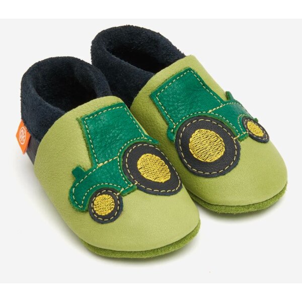ORANGENKINDER KITA Hausschuhe, Traktor Motiv grün/blau, Bio-Nappaleder Weite: W