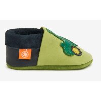 ORANGENKINDER KITA Hausschuhe, Traktor Motiv grün/blau, Bio-Nappaleder Weite: W
