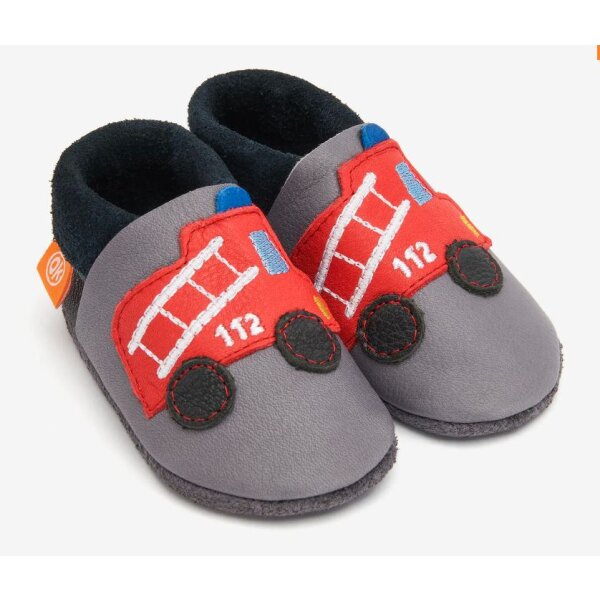 ORANGENKINDER KITA Hausschuhe, Feuerwehr Motiv grau/schwarz, Bio-Nappaleder Weite: W