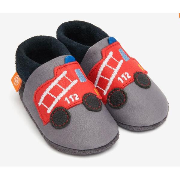 ORANGENKINDER KITA Hausschuhe, Feuerwehr Motiv grau/schwarz, Bio-Nappaleder Weite: M+W 24-25